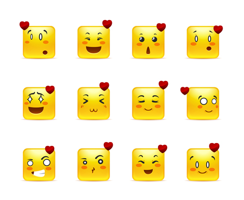 Square smiling faces expressions icons yellow vector set 11