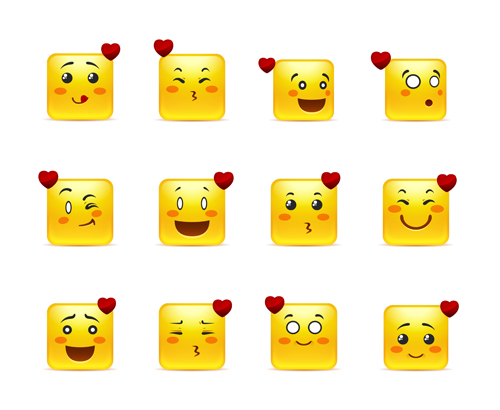 Square smiling faces expressions icons yellow vector set 12