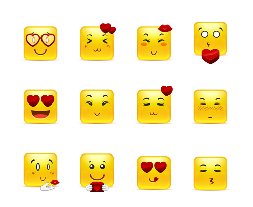 Square smiling faces expressions icons yellow vector set 16