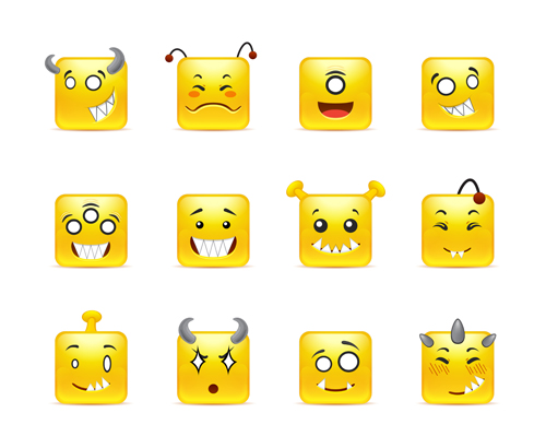 Square smiling faces expressions icons yellow vector set 17