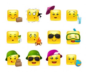 Square smiling faces expressions icons yellow vector set 19