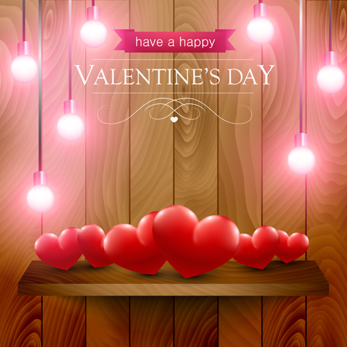 Valentines day elements with wooden background vector 01
