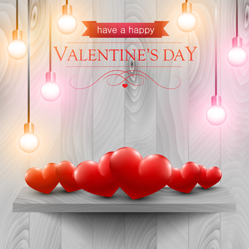 Valentines day elements with wooden background vector 05