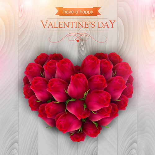 Valentines day elements with wooden background vector 09