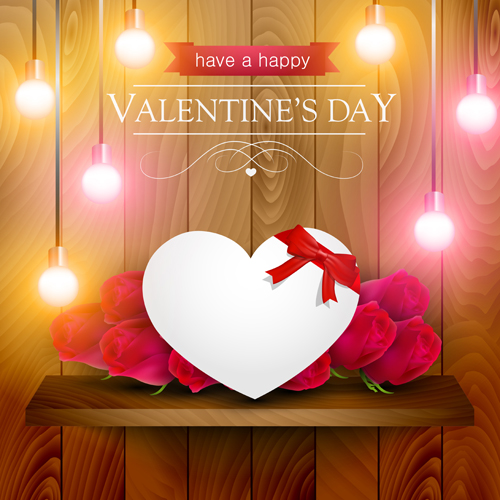 Valentines day elements with wooden background vector 11