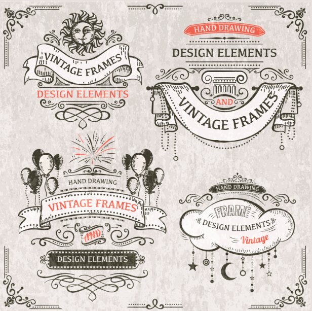 Vintage ribbon labels with ornaments vector 04