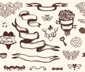 Vintage ribbon with heart and ornaments elements vector