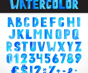 Watercolor alphabets with numbers and symbol vectors