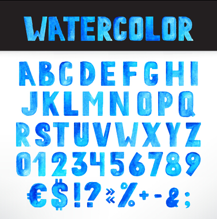 Watercolor alphabets with numbers and symbol vectors