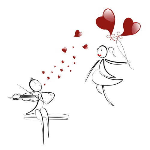 lover boy and girl with red heart balloons hand drawing vectors 01