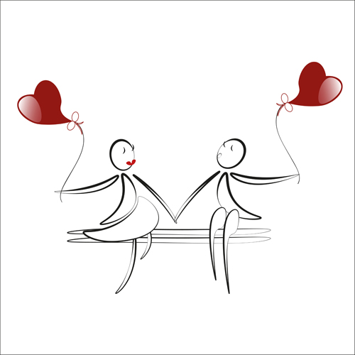 lover boy and girl with red heart balloons hand drawing vectors 06