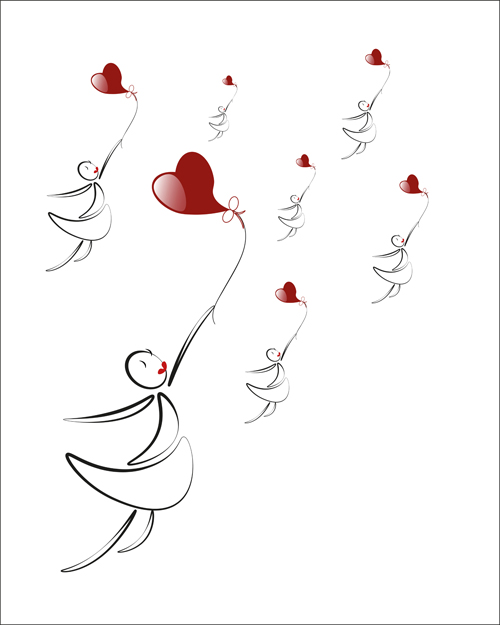 lover boy and girl with red heart balloons hand drawing vectors 08