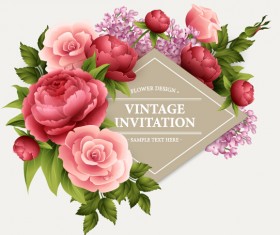 Beautiful flowers with vintage invitation card vectors 01
