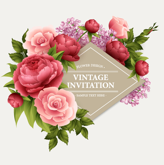Beautiful flowers with vintage invitation card vectors 01
