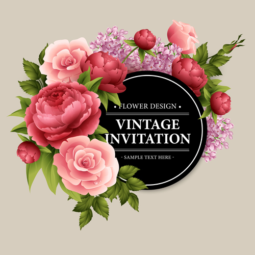 Beautiful flowers with vintage invitation card vectors 02