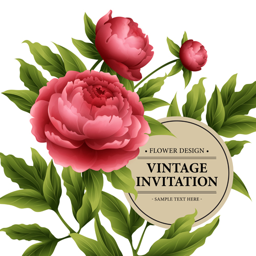 Beautiful flowers with vintage invitation card vectors 03
