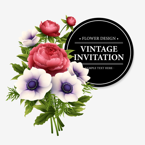 Beautiful flowers with vintage invitation card vectors 04