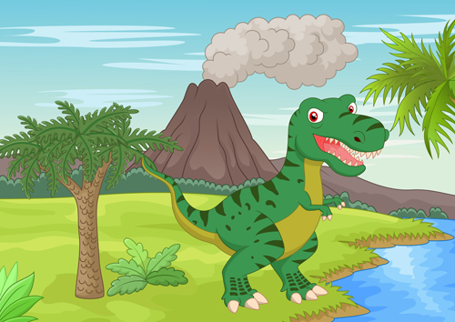 Cartoon dinosaurs with natural landscape vector 01