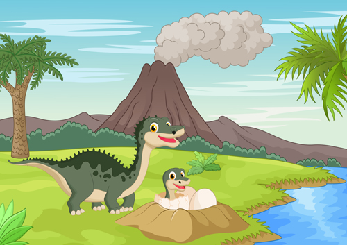 Cartoon dinosaurs with natural landscape vector 03