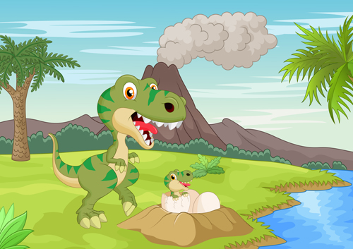 Cartoon dinosaurs with natural landscape vector 04