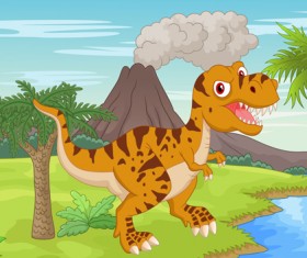 Cartoon dinosaurs with natural landscape vector 12