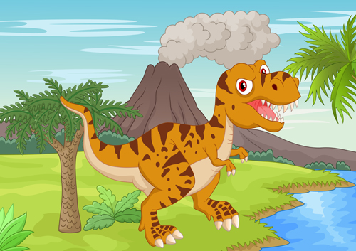 Cartoon dinosaurs with natural landscape vector 12