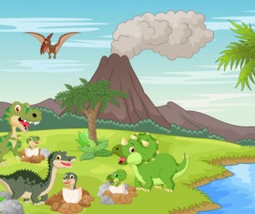 Cartoon dinosaurs with natural landscape vector 14