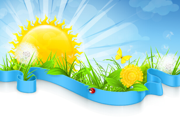 Cartoon sun with spring vector background 04