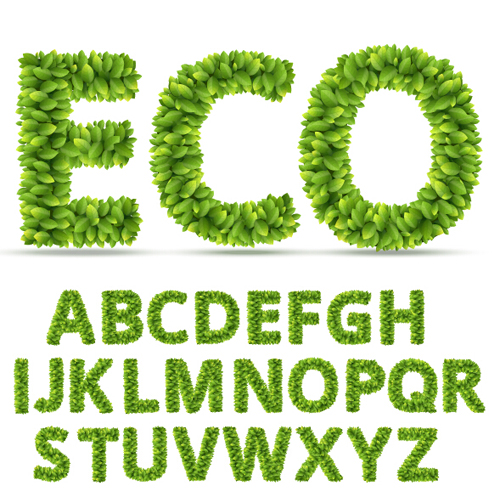 Eco alphabet with green leaves vector