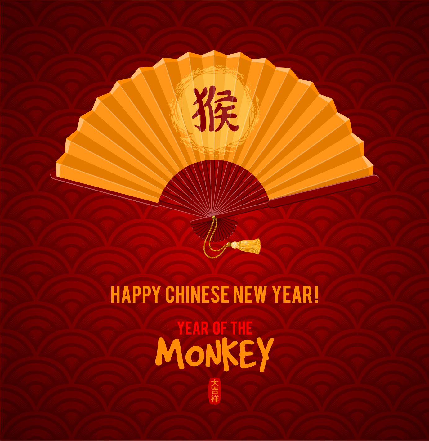 Golden fan with china 2016 monkey new year vector background