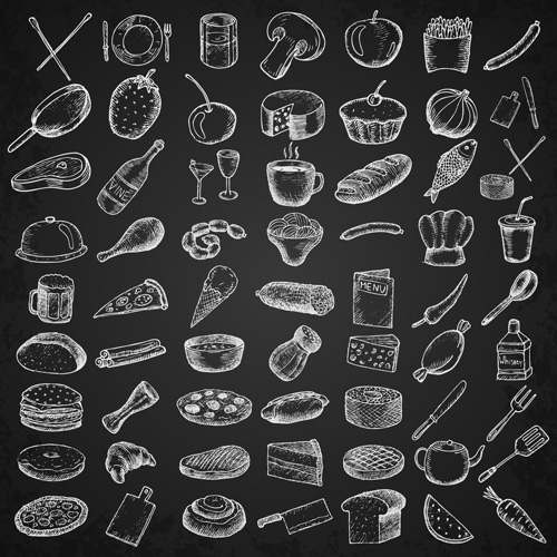 Hand drawn kitchen elements icons vector set 01