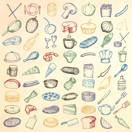Hand drawn kitchen elements icons vector set 02