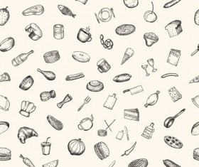 Hand drawn kitchen elements vector seamless pattern