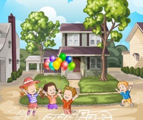 Happy children with nature background vector 01