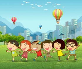 Happy children with nature background vector 02