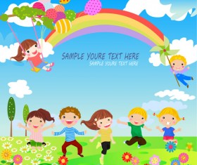 Happy children with nature background vector 03