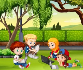 Happy children with nature background vector 04