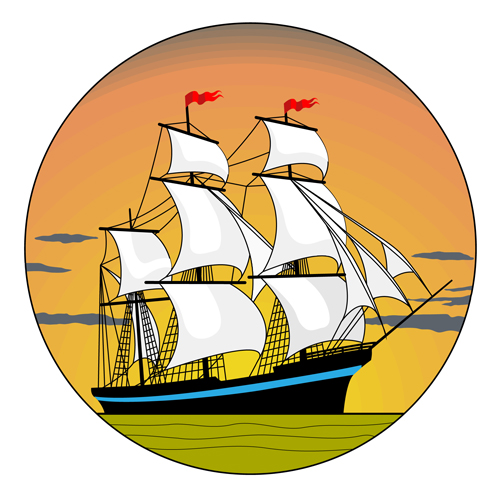 Sunset with sailship vector material