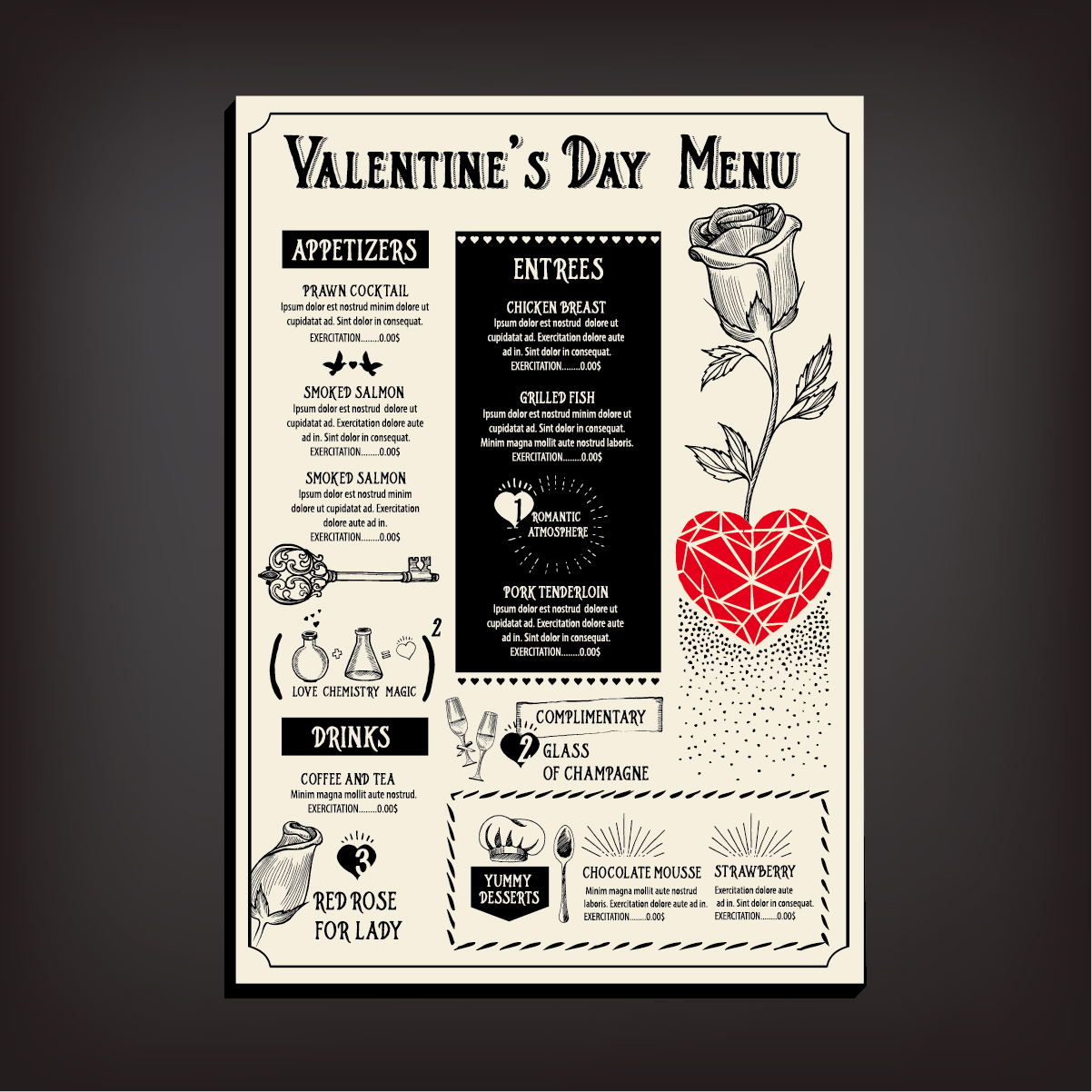 Valentines day restaurant menu vintage vector 07