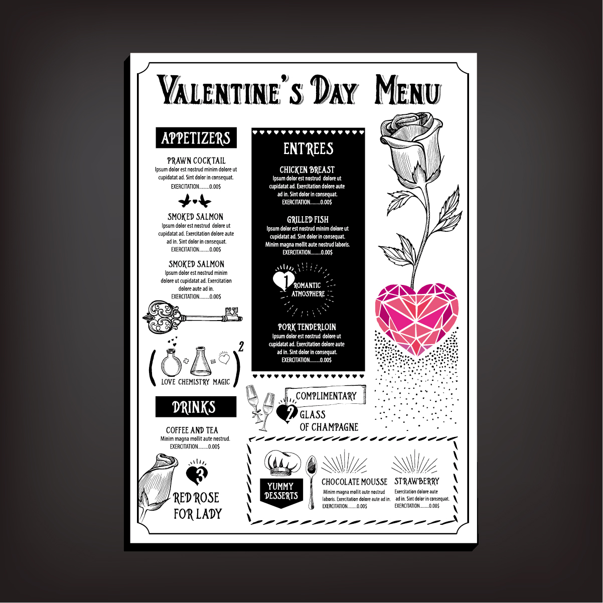 Valentines day restaurant menu vintage vector 09