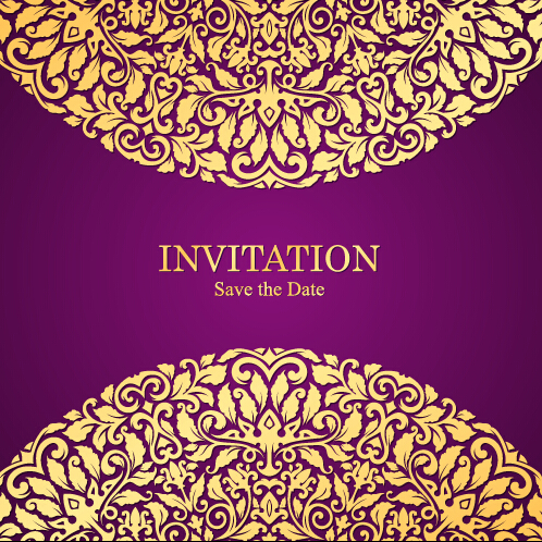 Vintage invitation card with purple floral pattern vector 01