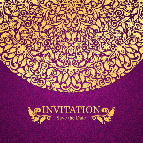 Vintage invitation card with purple floral pattern vector 02