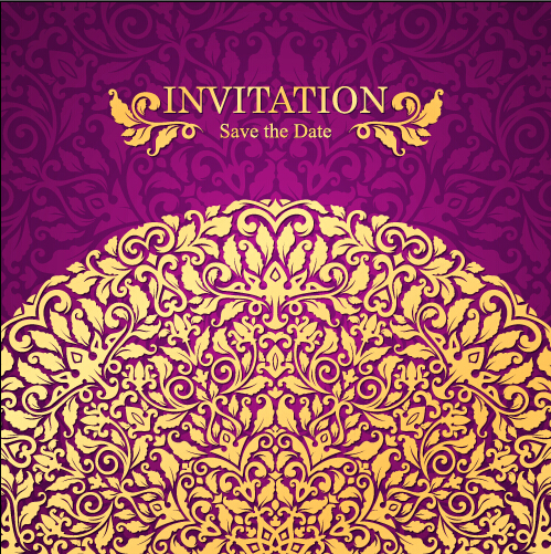 Vintage invitation card with purple floral pattern vector 03