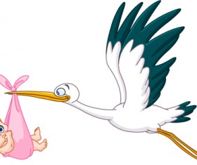 Baby with stork baby card vector 02