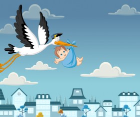 Baby with stork baby card vector 04