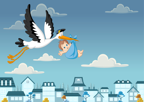 Baby with stork baby card vector 04