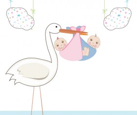 Baby with stork baby card vector 05