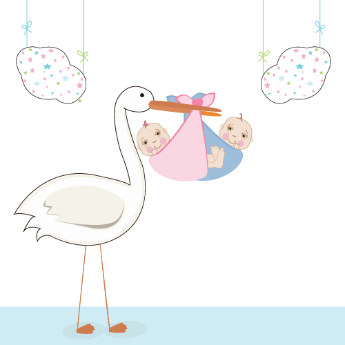 Baby with stork baby card vector 05