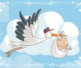 Baby with stork baby card vector 07
