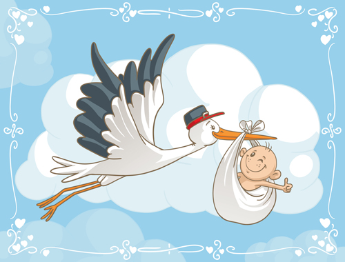 Baby with stork baby card vector 07